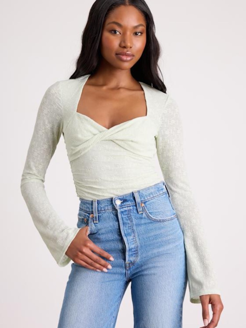 Lulus Emada Light Mint Textured Twist-front Long Sleeve Top Green - Size M